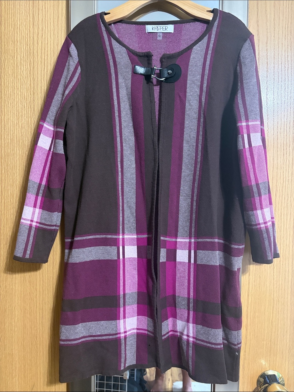Kasper Plum, Burgundy & Brown Plaid Open Cardigan Size Large Top Clasp